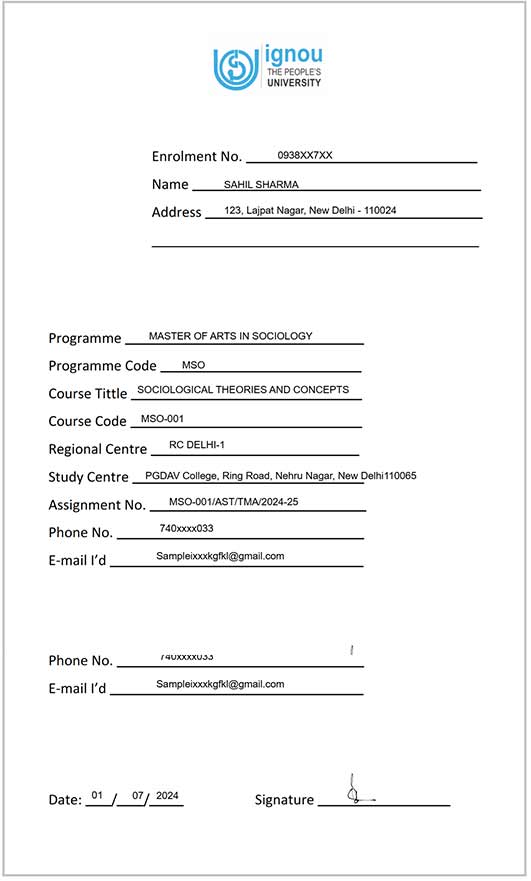 Sample IGNOU Assignment Front Page Filled 2025