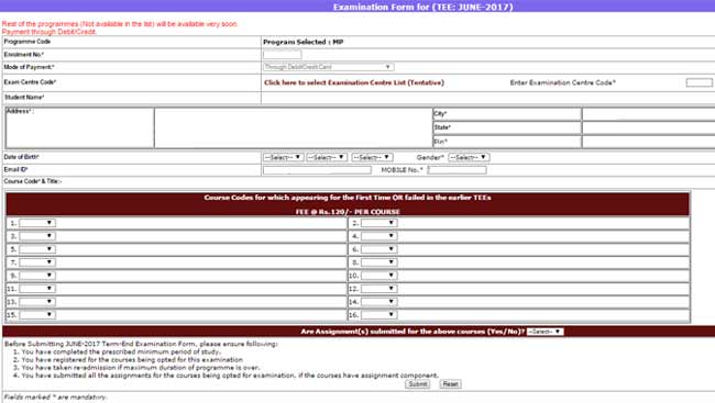 Fill Ignou Online exam form