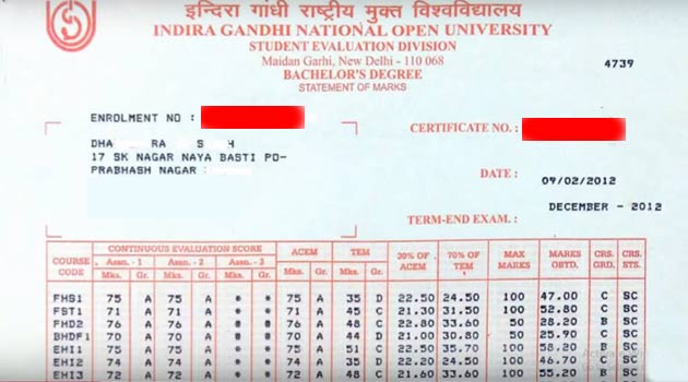 ignou marksheet sample, ignou marksheet image