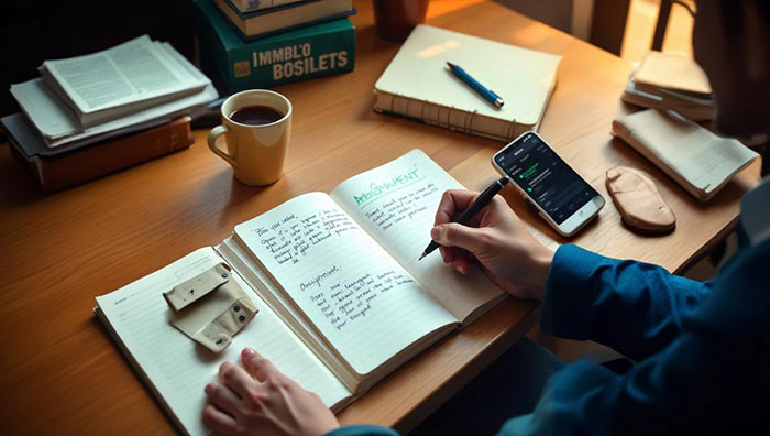 Neatly written IGNOU handwritten assignment pages on a study desk with a pen, books, and a smartphone displaying a WhatsApp chat for assignment orders