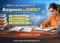 IGNOU assignment importance guide showing student writing assignment with key points like 30 percent marks weightage and exam eligibility