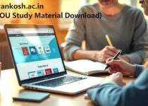 Student downloading IGNOU study material from eGyankosh website on a laptop with PDF icons and books visible